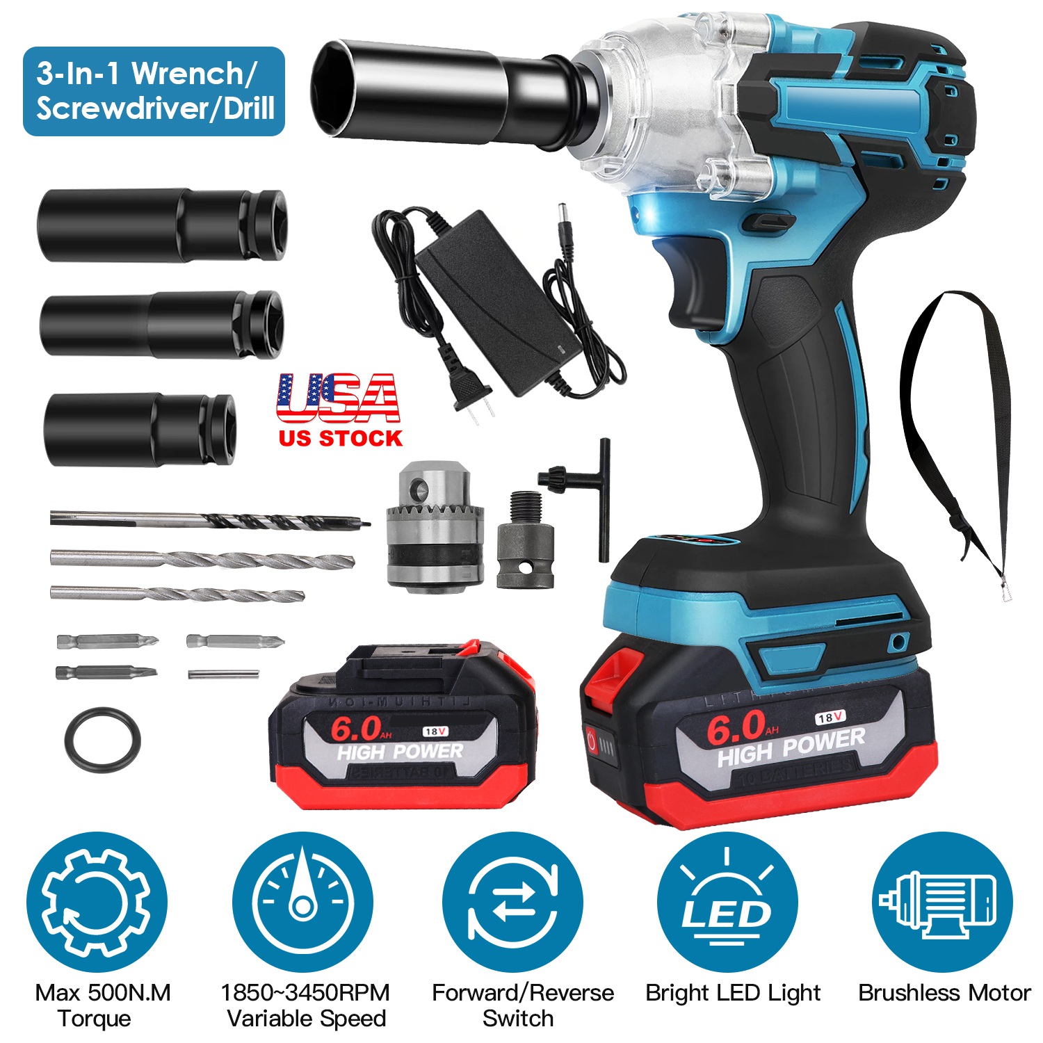 3-In-1 Cordless Electric Impact Wrench Drill Screwdriver with Brushless Motor Max 3450RPM Variable Speed 2Pcs 6.0Ah Batteries 3 Sockets 3 Screwdriver - Image 5