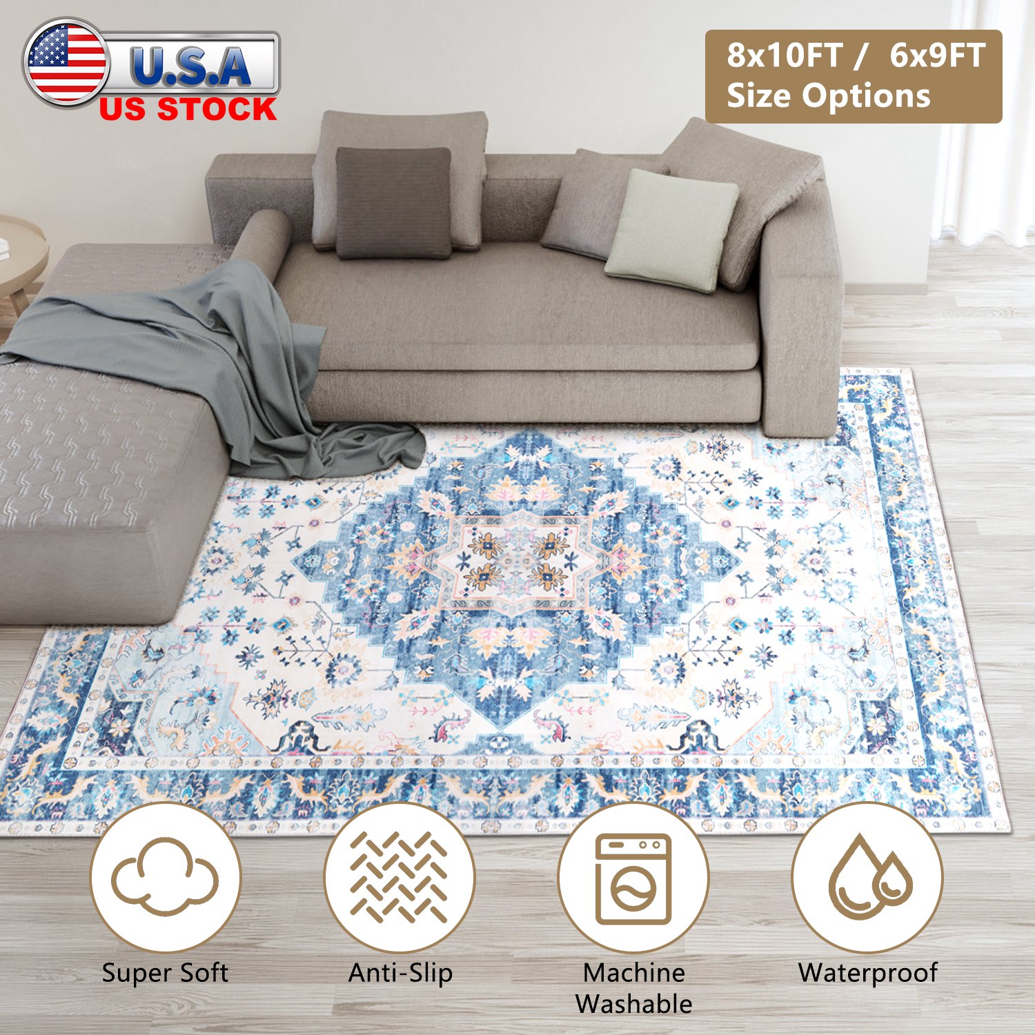 6x9FT Vintage Area Rug Modern Non Slip Carpet Boho Low Pile Soft Rug Waterproof Machine Washable Rug for Living Room Bedroom Kitchen Dining Room Under - Image 8