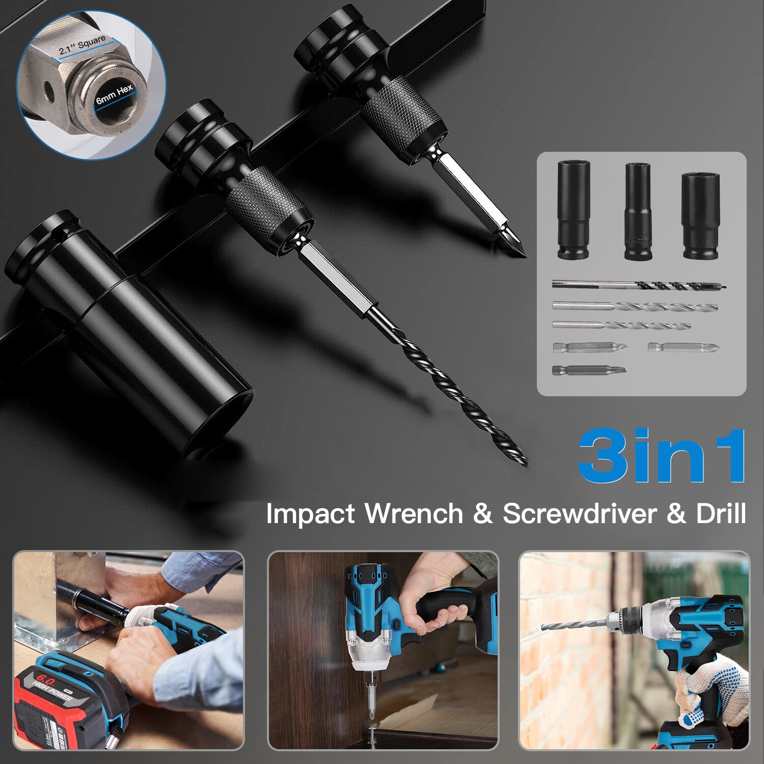 3-In-1 Cordless Electric Impact Wrench Drill Screwdriver with Brushless Motor Max 3450RPM Variable Speed 2Pcs 6.0Ah Batteries 3 Sockets 3 Screwdriver - Image 10