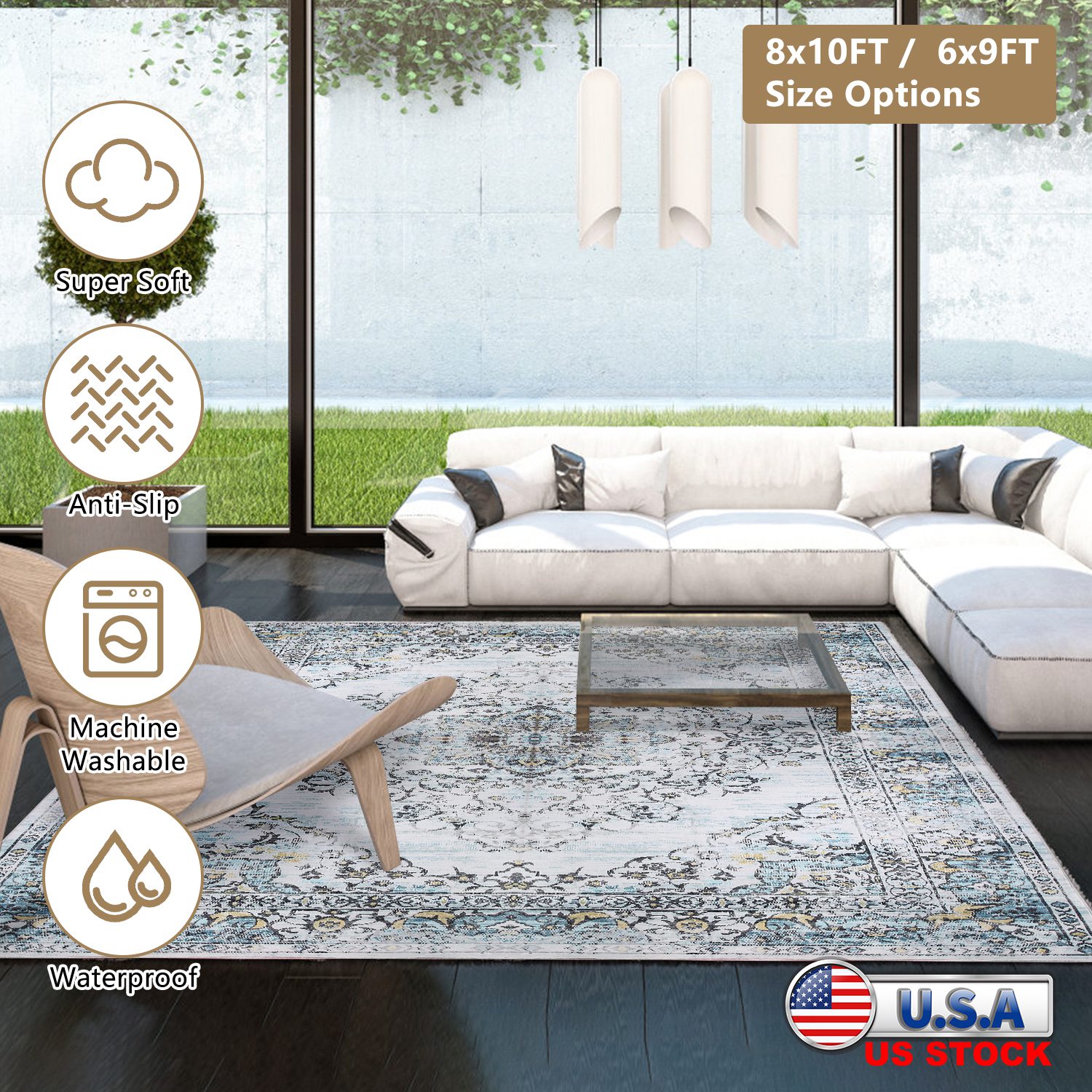 8x10FT Vintage Area Rug Modern Non Slip Carpet Boho Low Pile Soft Rug Waterproof Machine Washable Rug for Living Room Bedroom Kitchen Dining Room Unde - Image 10