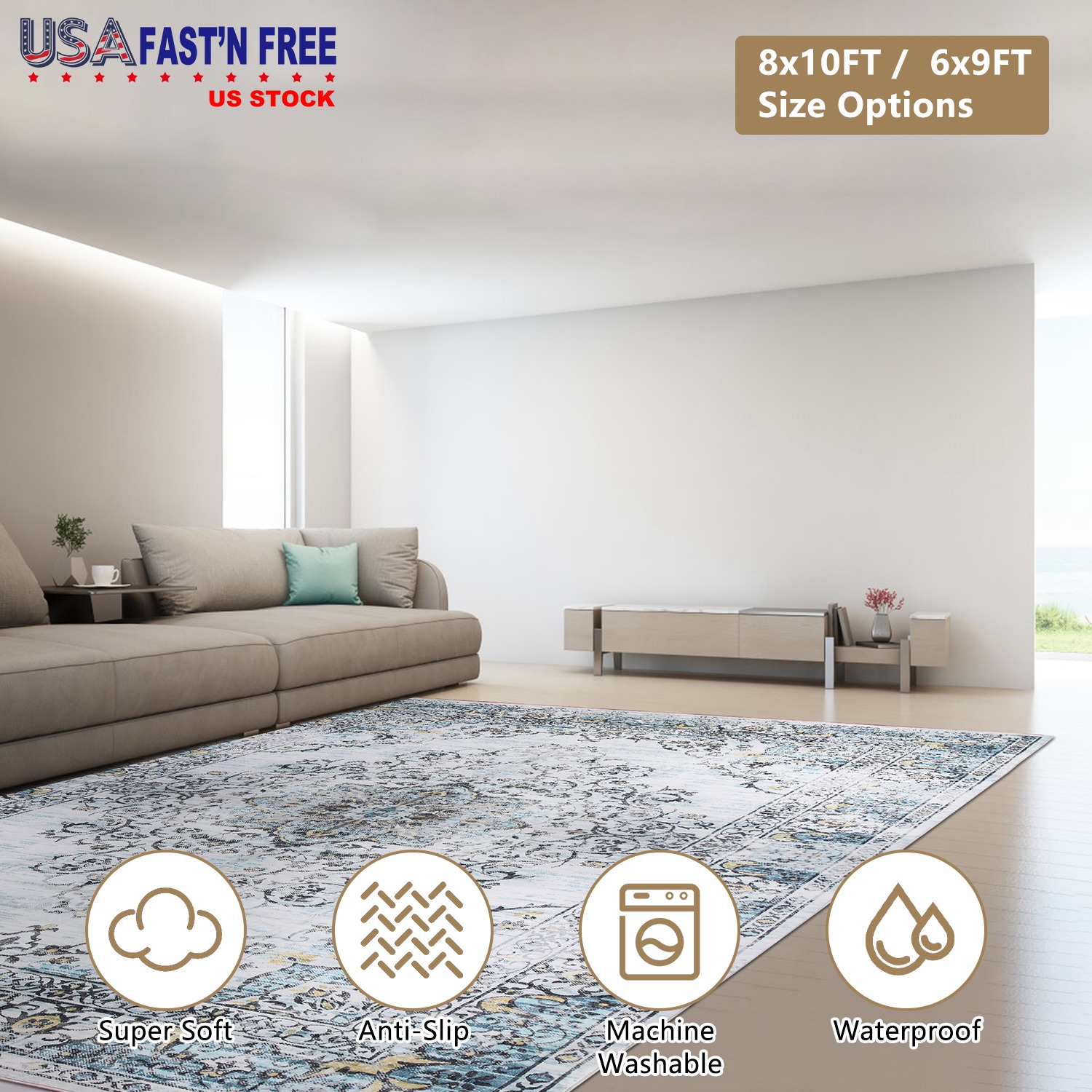 8x10FT Vintage Area Rug Modern Non Slip Carpet Boho Low Pile Soft Rug Waterproof Machine Washable Rug for Living Room Bedroom Kitchen Dining Room Unde - Image 8