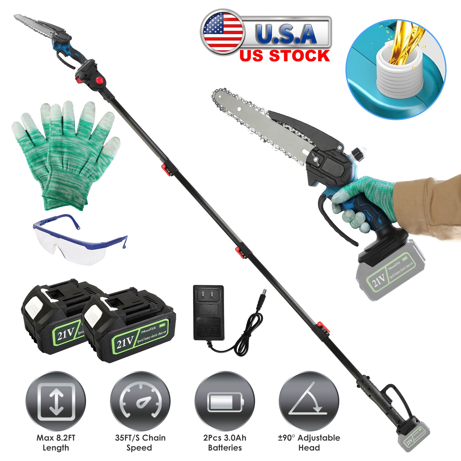 2-In-1 8” Cordless Electric Pole Saw and Mini Chainsaw with Extension Poles 2Pcs 21V 3.0Ah Batteries Adjustable Length Chain Saw With Auto Oiler Safet - Image 4