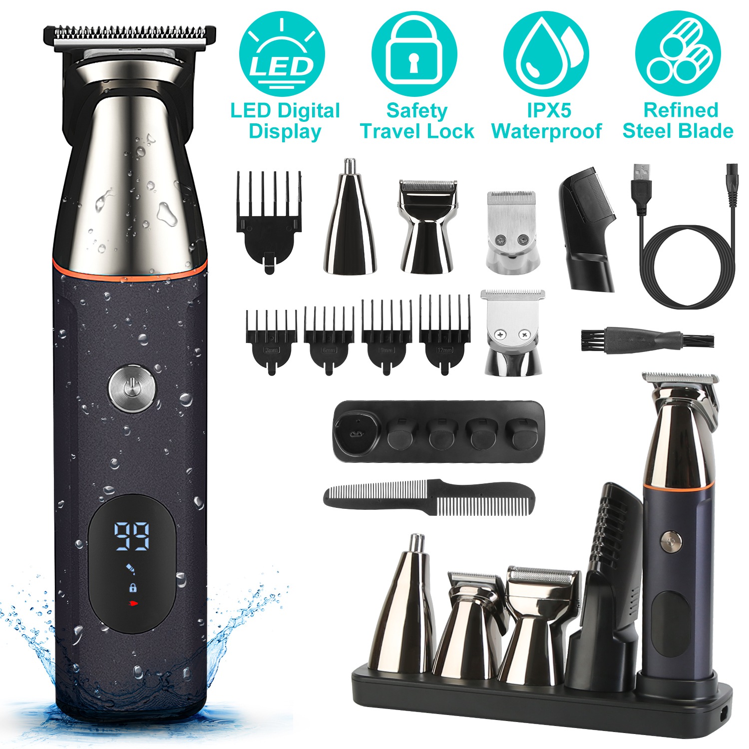 All In One Beard Trimmer for Men With 5 Trimmer Heads IPX5 Waterproof Electric Razor For Face Nose Body Beard Cordless Hair Shaver Clipper Grooming Ki - Image 2