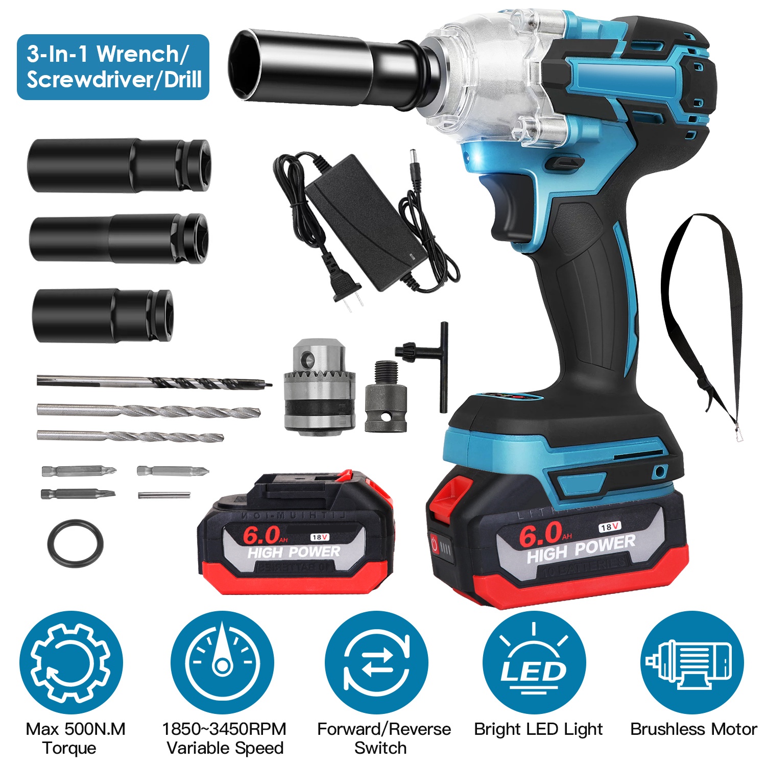3-In-1 Cordless Electric Impact Wrench Drill Screwdriver with Brushless Motor Max 3450RPM Variable Speed 2Pcs 6.0Ah Batteries 3 Sockets 3 Screwdriver - Image 2