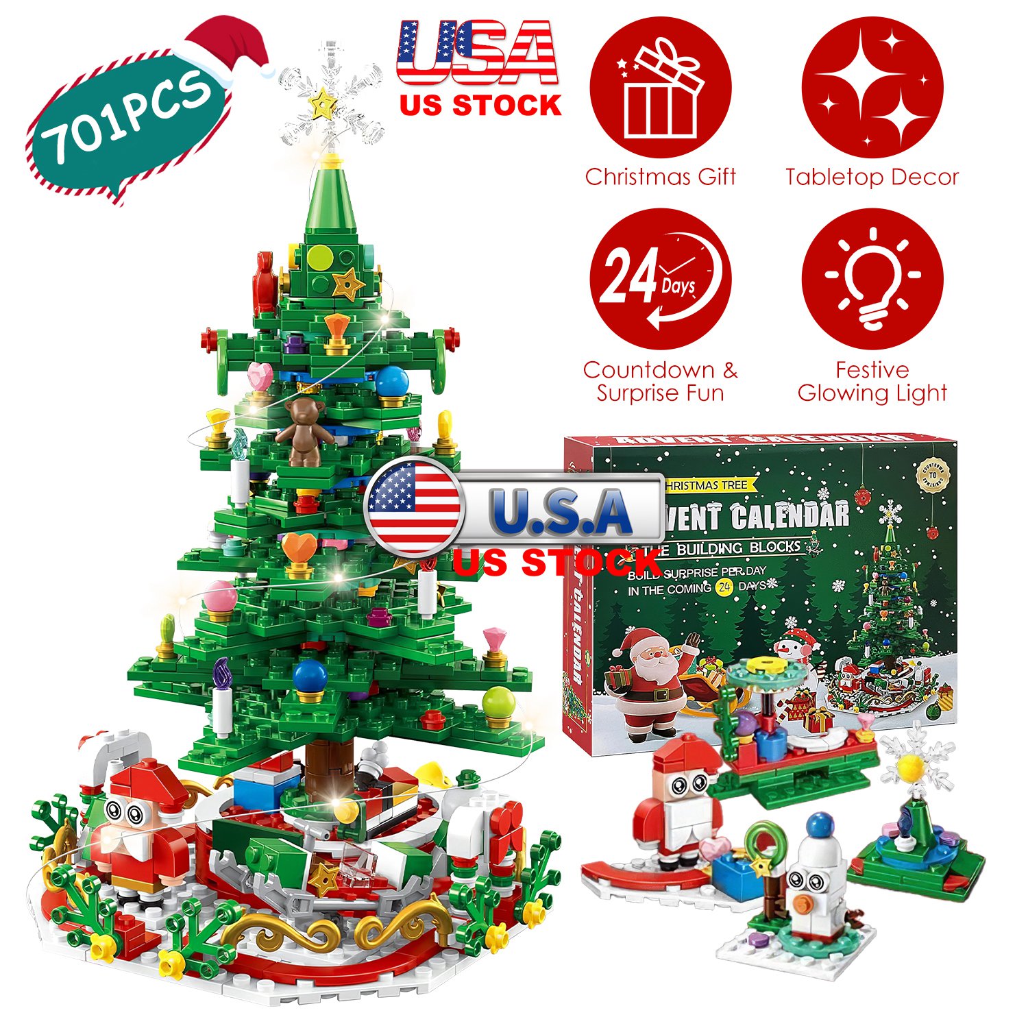 2025 Christmas Tree Building Set With LED Light Tabletop Christmas Building Block 24 Days Christmas Countdown Calendar for Boys Girls 3-6 - Image 3