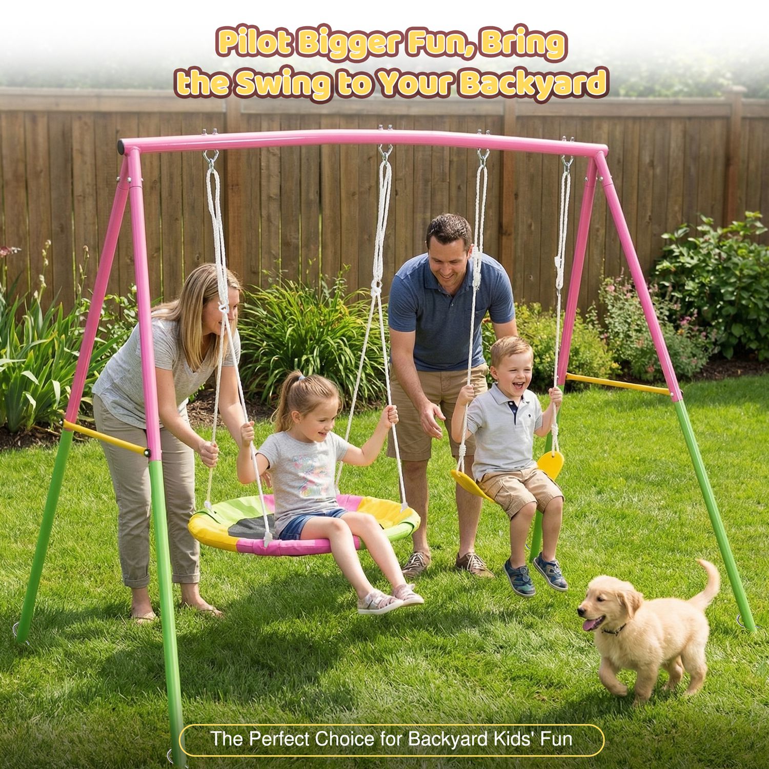 Swing Set for Backyard, 330lbs Swing Set with Heavy-Duty A-Frame Metal Outdoor Swing Stand, 1 Saucer Swing Seat & 1 Belt Swings Seat - Image 6