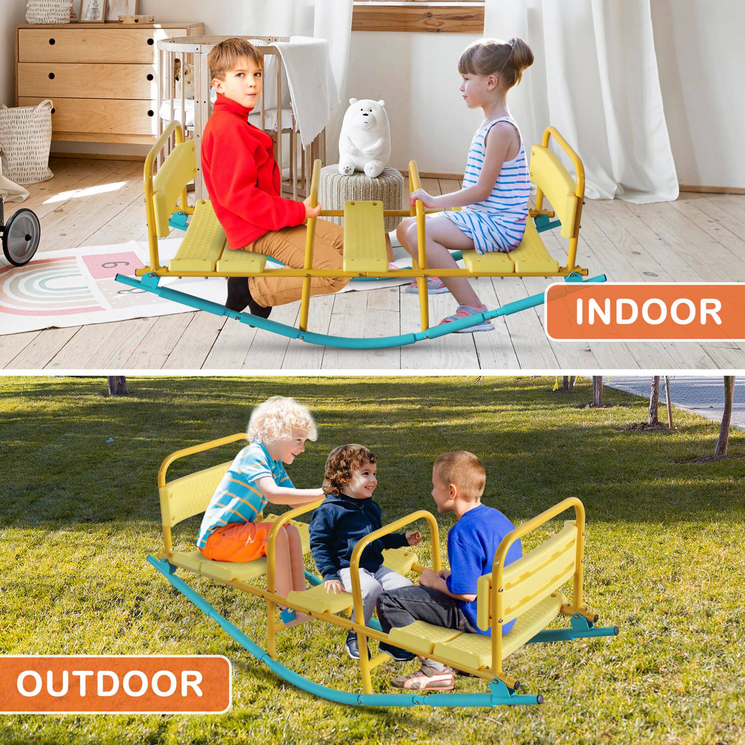 3-Seat Kids Rocking Seesaw Outdoor Playground Equipment Stainless Steel Teeter Totter with EVA Foam Cover Handles & Backrests Toddler Swing 220LBS Max - Image 9