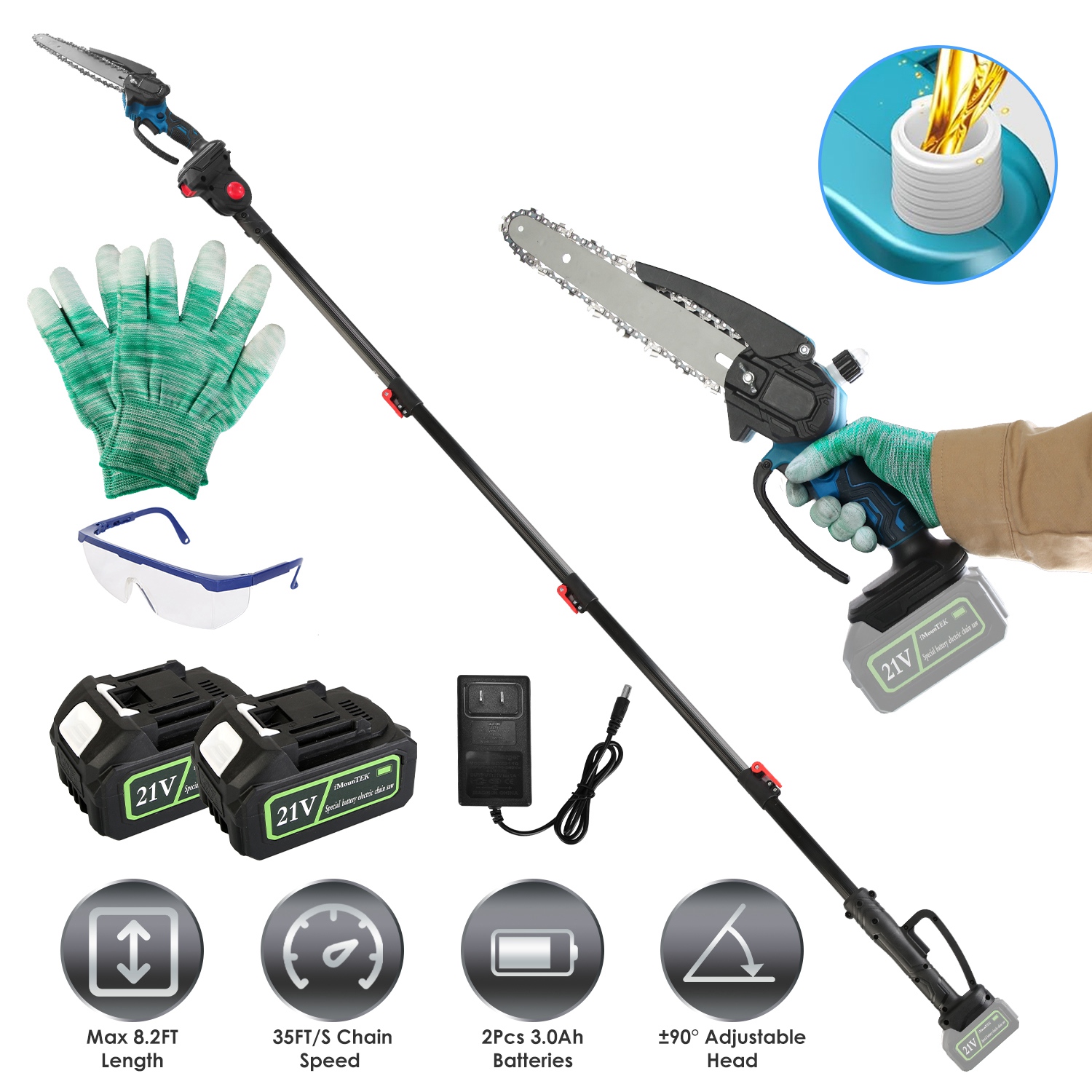 2-In-1 8” Cordless Electric Pole Saw and Mini Chainsaw with Extension Poles 2Pcs 21V 3.0Ah Batteries Adjustable Length Chain Saw With Auto Oiler Safet - Image 5