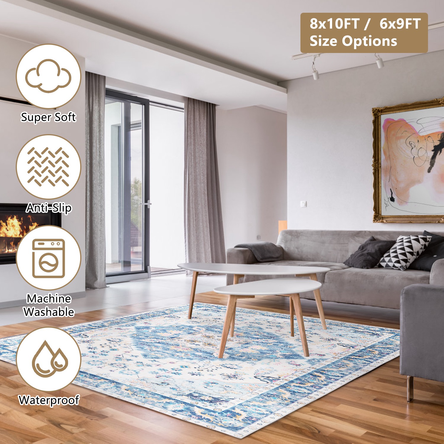 6x9FT Vintage Area Rug Modern Non Slip Carpet Boho Low Pile Soft Rug Waterproof Machine Washable Rug for Living Room Bedroom Kitchen Dining Room Under - Image 9