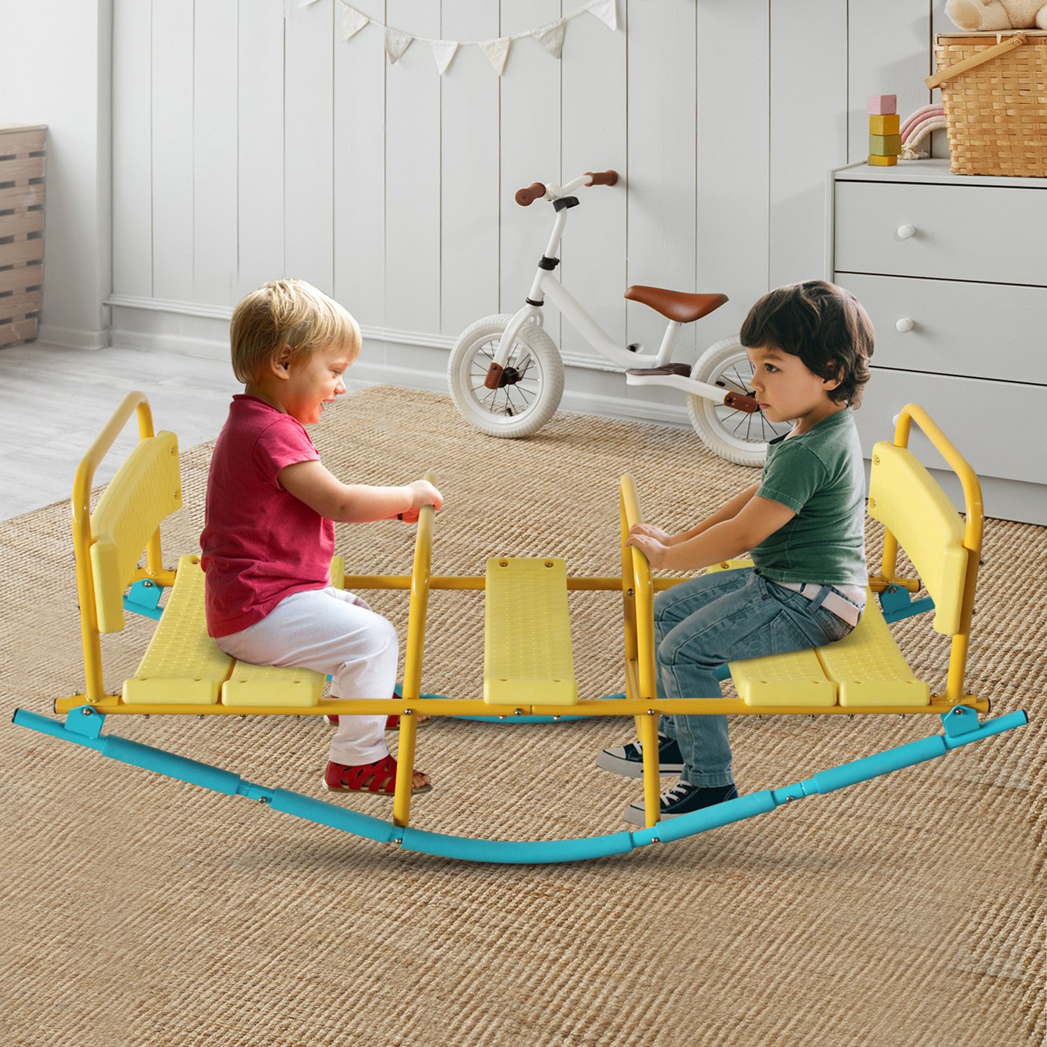 3-Seat Kids Rocking Seesaw Outdoor Playground Equipment Stainless Steel Teeter Totter with EVA Foam Cover Handles & Backrests Toddler Swing 220LBS Max - Image 8