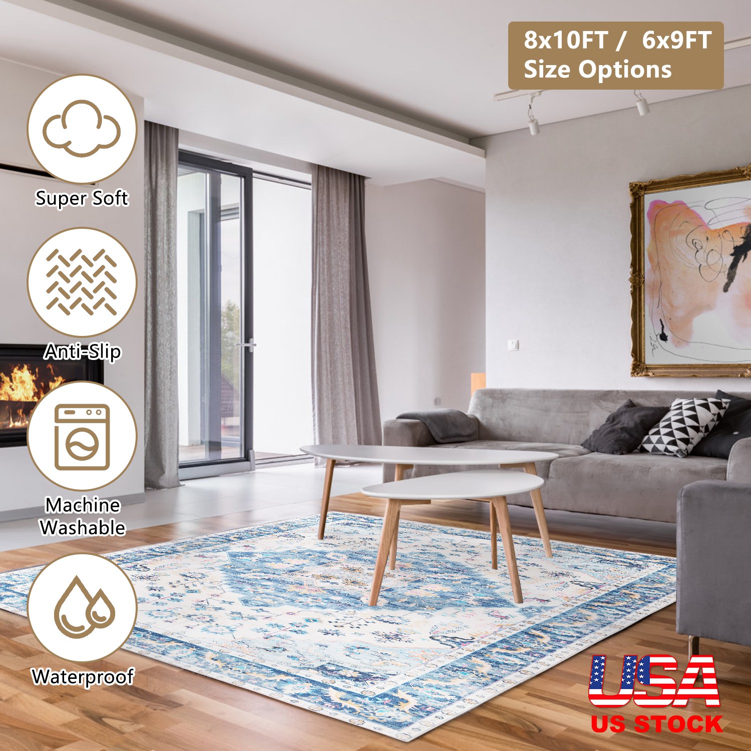 6x9FT Vintage Area Rug Modern Non Slip Carpet Boho Low Pile Soft Rug Waterproof Machine Washable Rug for Living Room Bedroom Kitchen Dining Room Under - Image 10