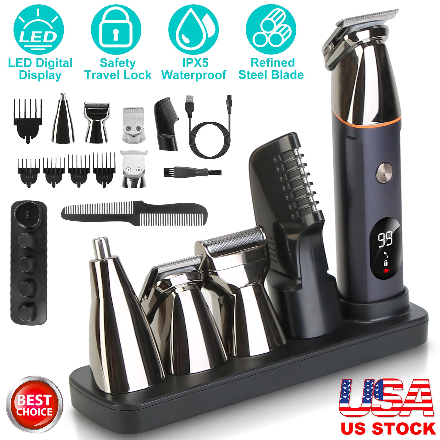 All In One Beard Trimmer for Men With 5 Trimmer Heads IPX5 Waterproof Electric Razor For Face Nose Body Beard Cordless Hair Shaver Clipper Grooming Ki - Image 5