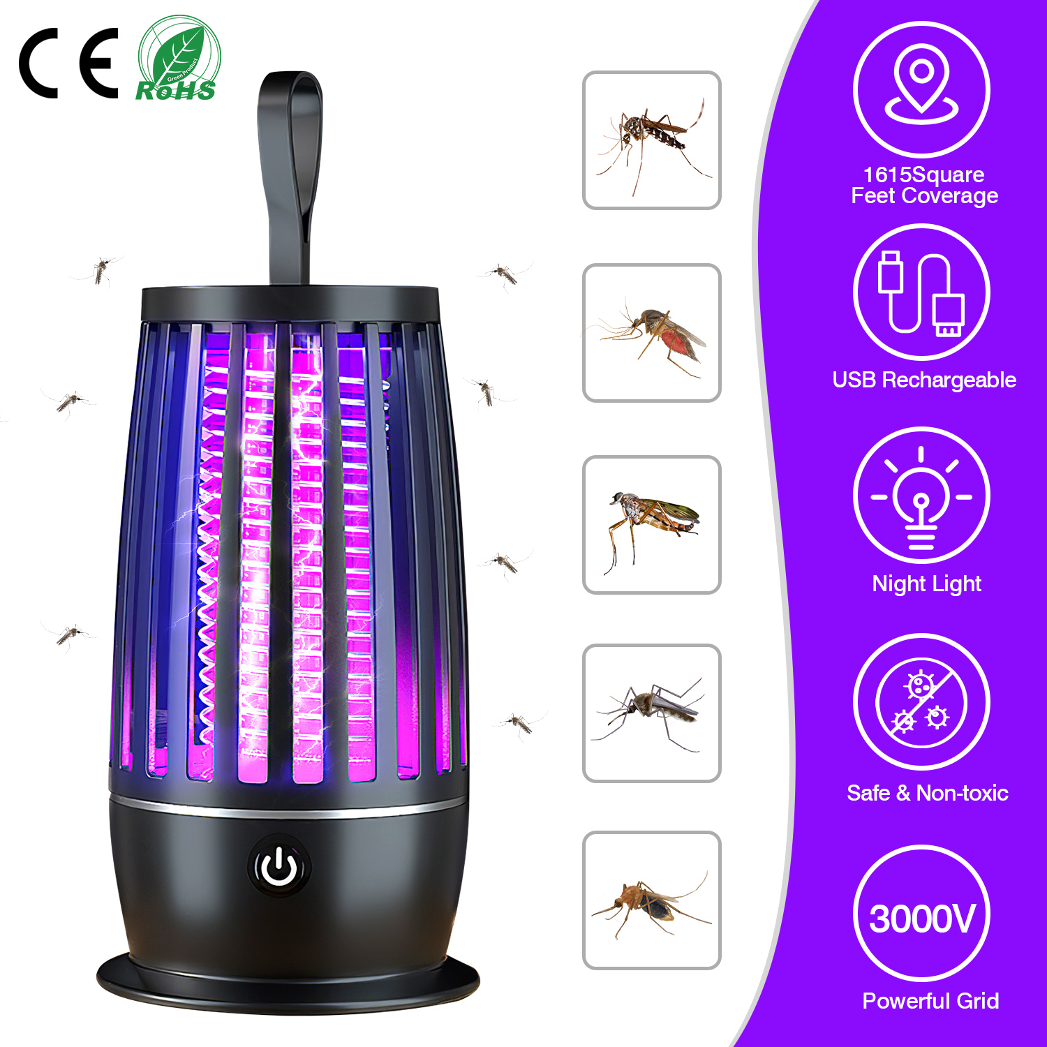 Rechargeable Mosquito Killer Lamp Bug Zapper with Night Light Strap Mosquito Catcher with Max 1615Square Feet Range UV Light for Indoor Outdoor - Image 7