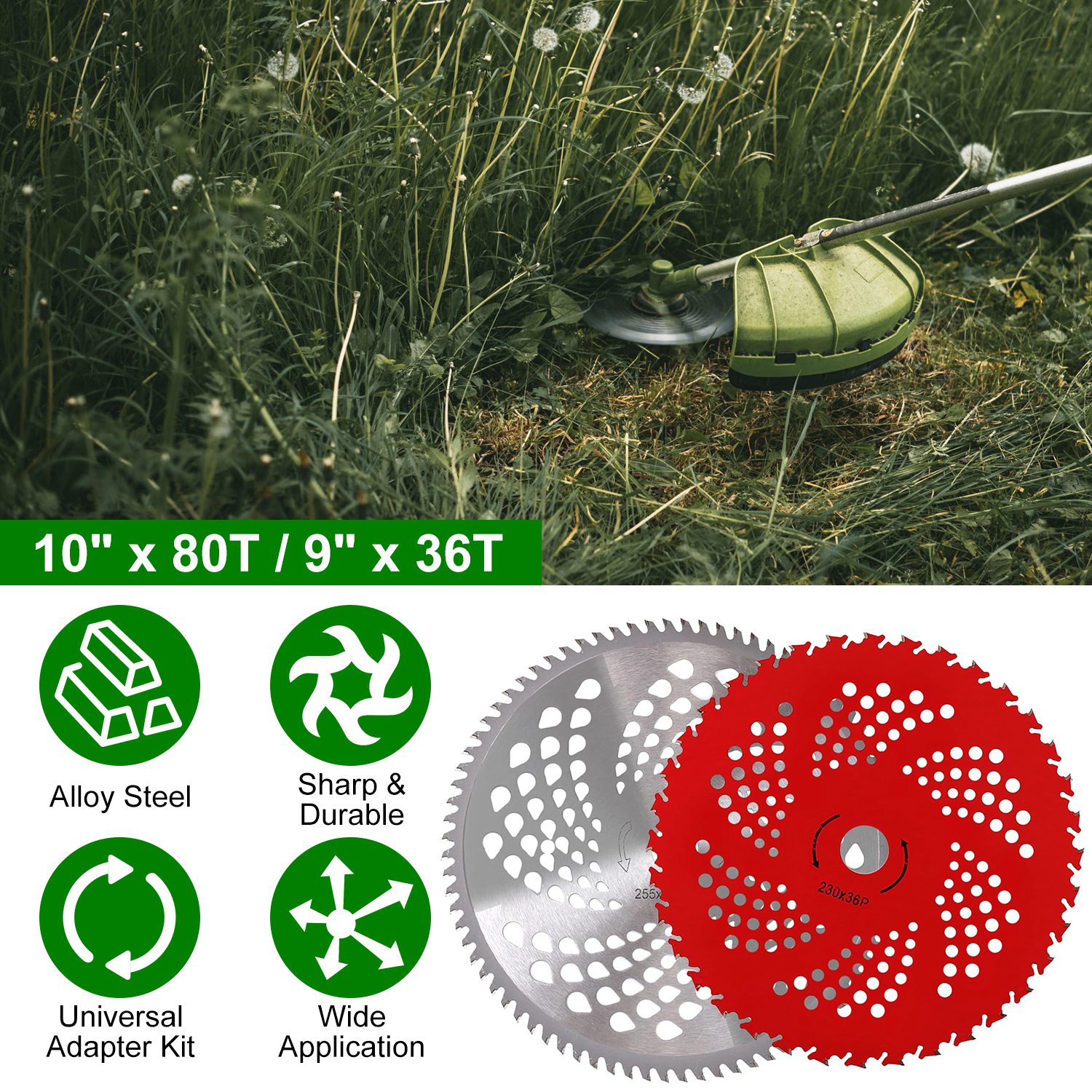 10" x 80T 9" x 36T Carbide Tip Brush Cutter Blades with Universal Adapter Kit Alloy Steel Blades Compatible with Brush Cutter Trimmer Weed Eater - Image 4