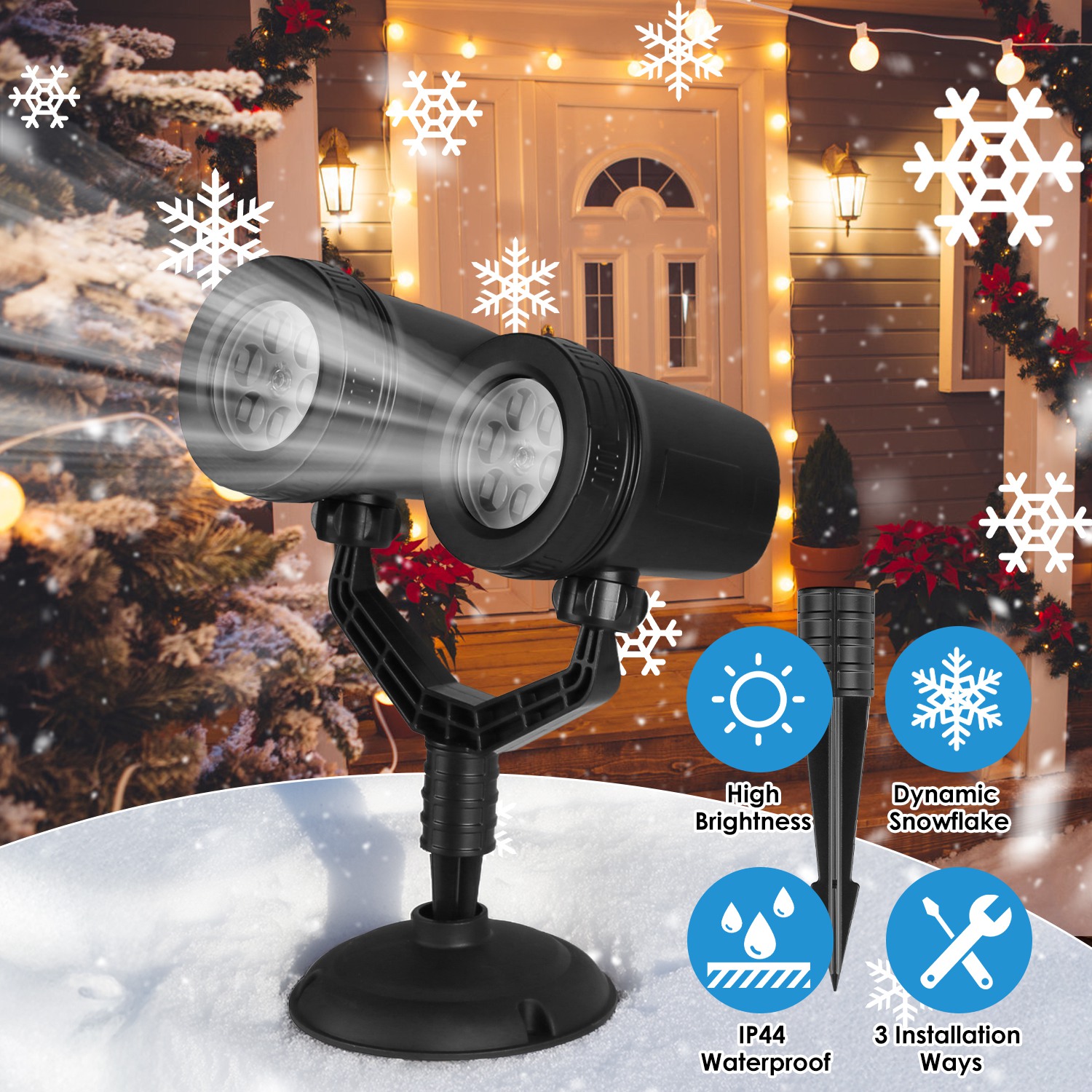 Christmas Snowflake Projector Light Dual-Head LED Stake Light IP44 Waterproof Xmas Decoration For Holiday Indoor Outdoor Use Garden Patio Wall Decor - Image 7