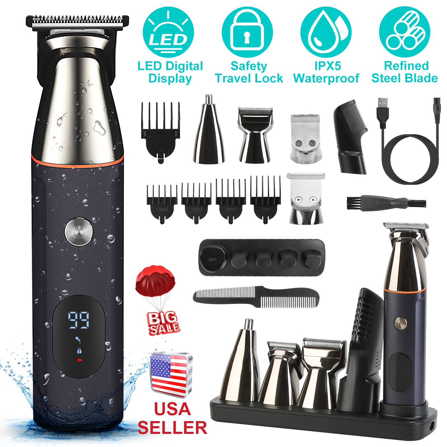 All In One Beard Trimmer for Men With 5 Trimmer Heads IPX5 Waterproof Electric Razor For Face Nose Body Beard Cordless Hair Shaver Clipper Grooming Ki - Image 3