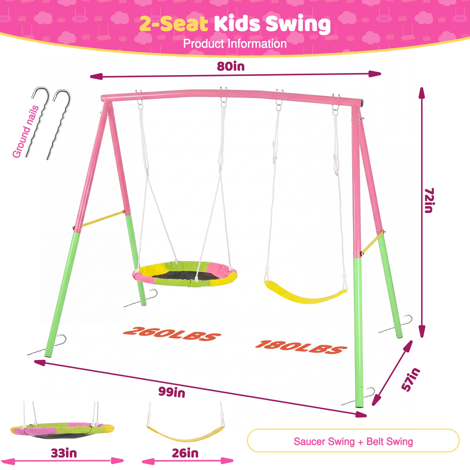 Swing Set for Backyard, 330lbs Swing Set with Heavy-Duty A-Frame Metal Outdoor Swing Stand, 1 Saucer Swing Seat & 1 Belt Swings Seat - Image 4