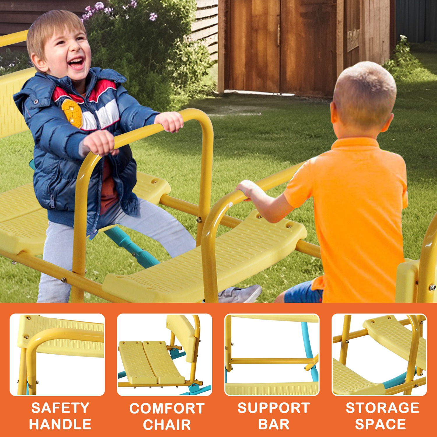 3-Seat Kids Rocking Seesaw Outdoor Playground Equipment Stainless Steel Teeter Totter with EVA Foam Cover Handles & Backrests Toddler Swing 220LBS Max - Image 4