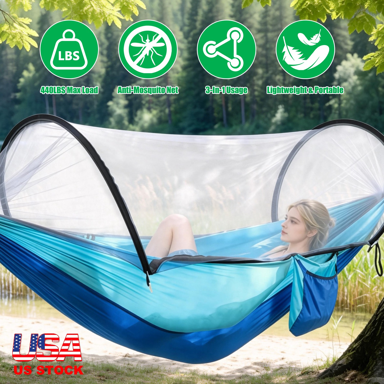 Camping Hammock with Mosquito Net 3-in-1 Portable Hammock Tent with Built In Mosquito Net Dual-Way Zippers 440lbs Capacity Attached Storage Pocket for - Image 5