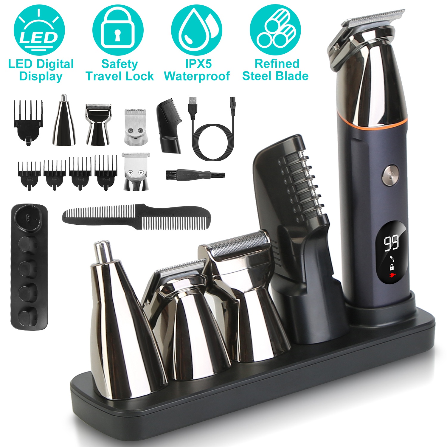 All In One Beard Trimmer for Men With 5 Trimmer Heads IPX5 Waterproof Electric Razor For Face Nose Body Beard Cordless Hair Shaver Clipper Grooming Ki - Image 4