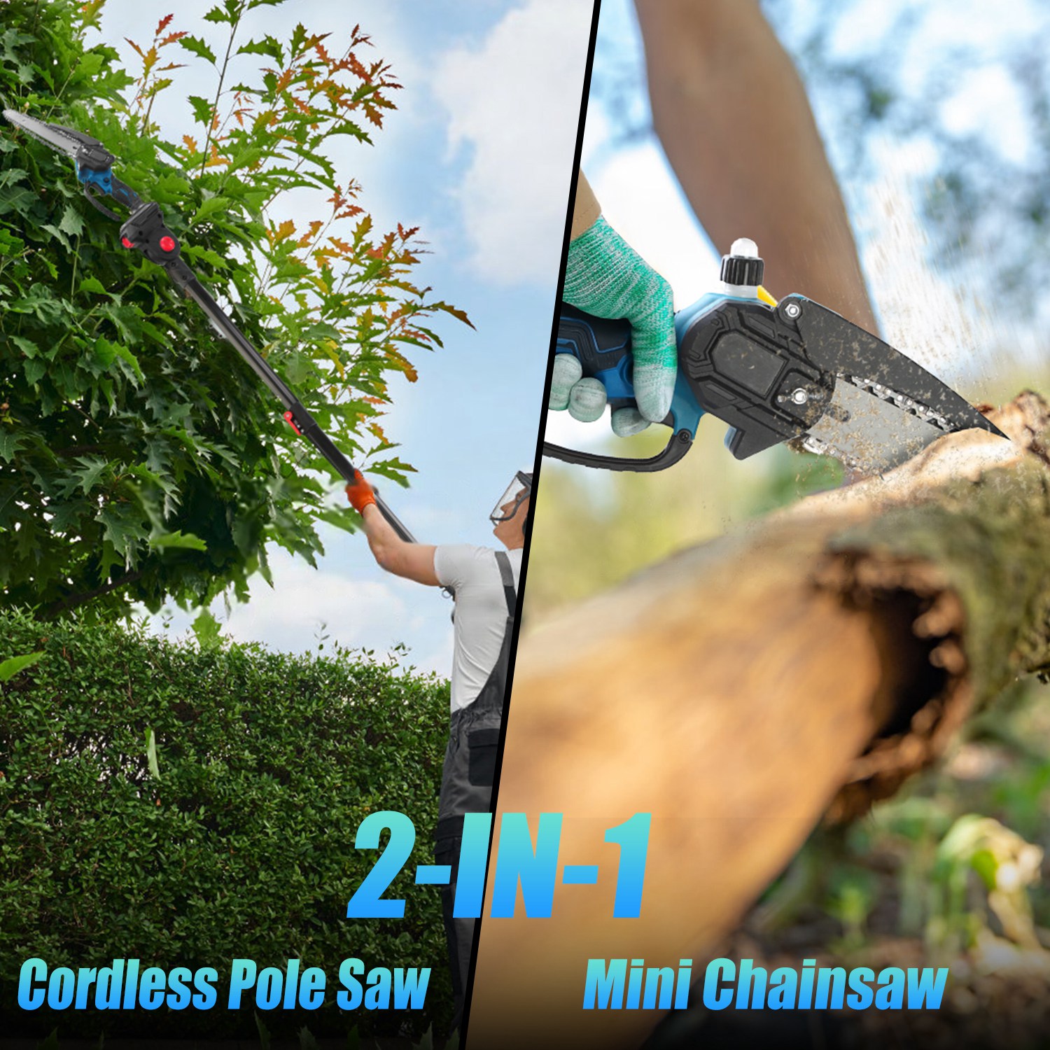 2-In-1 8” Cordless Electric Pole Saw and Mini Chainsaw with Extension Poles 2Pcs 21V 3.0Ah Batteries Adjustable Length Chain Saw With Auto Oiler Safet - Image 8