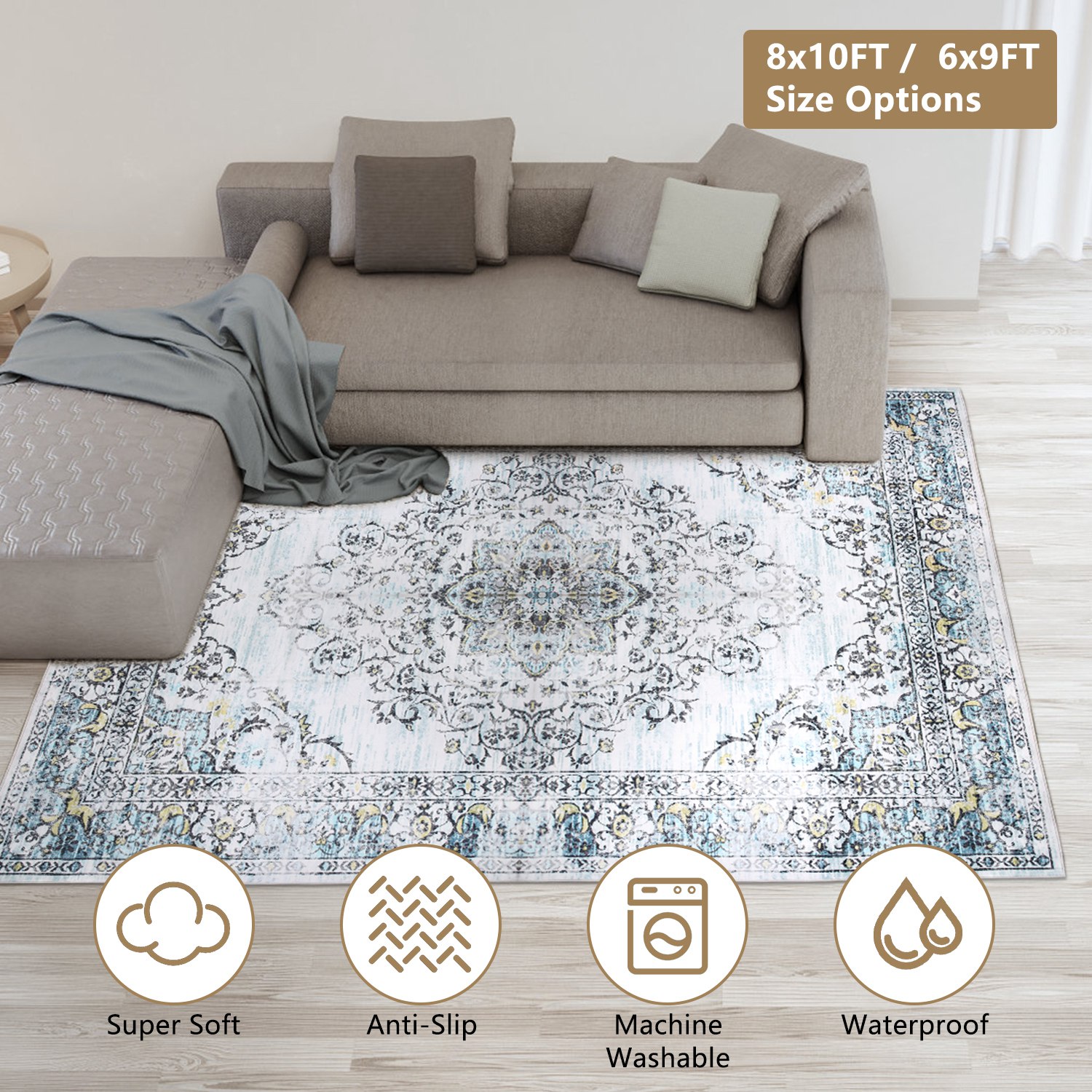6x9FT Vintage Area Rug Modern Non Slip Carpet Boho Low Pile Soft Rug Waterproof Machine Washable Rug for Living Room Bedroom Kitchen Dining Room Under - Image 7