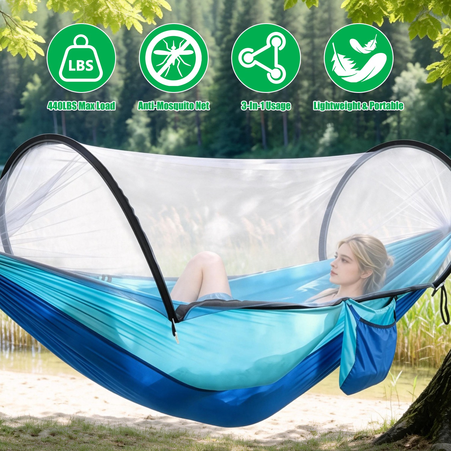 Camping Hammock with Mosquito Net 3-in-1 Portable Hammock Tent with Built In Mosquito Net Dual-Way Zippers 440lbs Capacity Attached Storage Pocket for - Image 3