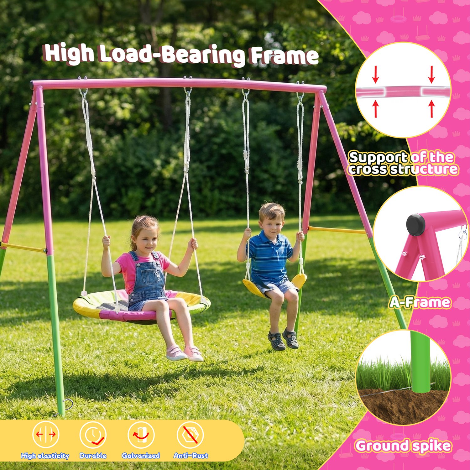 Swing Set for Backyard, 330lbs Swing Set with Heavy-Duty A-Frame Metal Outdoor Swing Stand, 1 Saucer Swing Seat & 1 Belt Swings Seat - Image 5