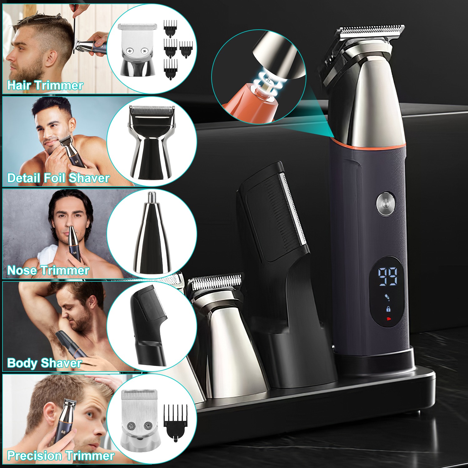 All In One Beard Trimmer for Men With 5 Trimmer Heads IPX5 Waterproof Electric Razor For Face Nose Body Beard Cordless Hair Shaver Clipper Grooming Ki - Image 6