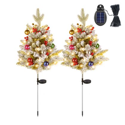 2Pcs Solar Powered Lighted Christmas Tree Urn Filler With Light Artificial Xmas Trees Light with Berries Decor Balls LED Pathway Pine Tree IP44 Waterp