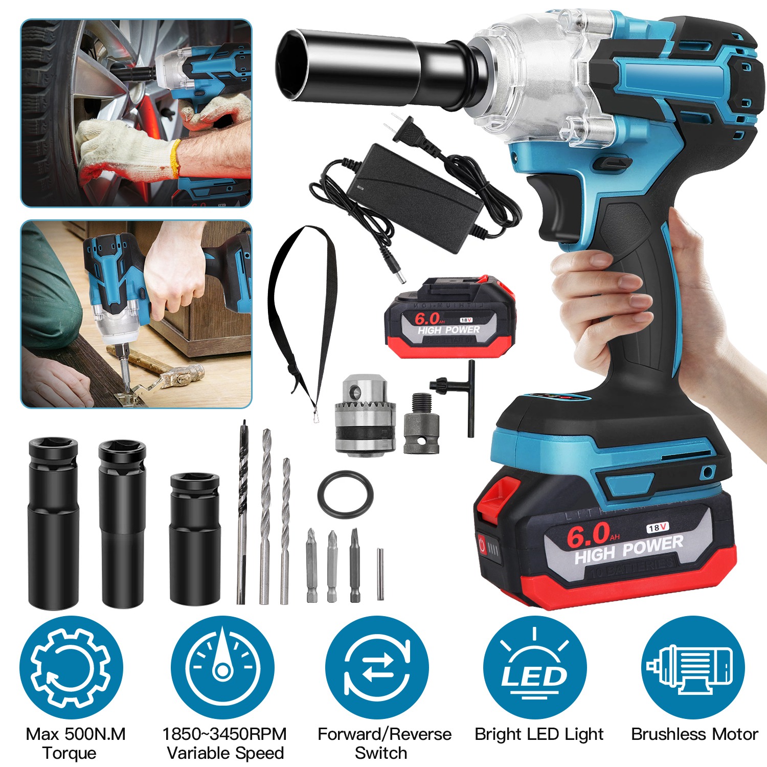 3-In-1 Cordless Electric Impact Wrench Drill Screwdriver with Brushless Motor Max 3450RPM Variable Speed 2Pcs 6.0Ah Batteries 3 Sockets 3 Screwdriver - Image 4