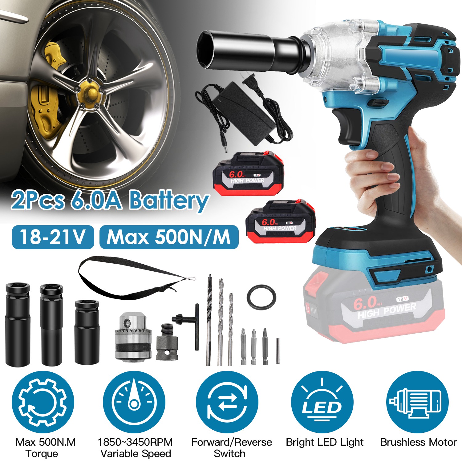 3-In-1 Cordless Electric Impact Wrench Drill Screwdriver with Brushless Motor Max 3450RPM Variable Speed 2Pcs 6.0Ah Batteries 3 Sockets 3 Screwdriver - Image 3