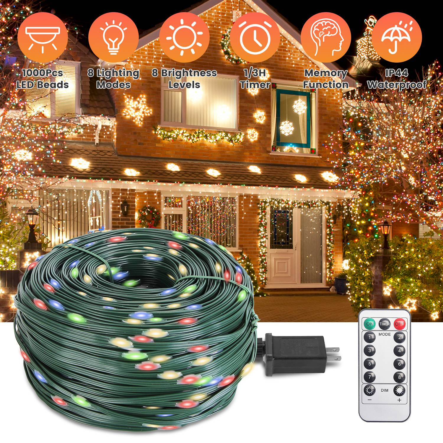 330FT 1000LED String Lights Outdoor Christmas Decoration Lights with Remote IP44 Waterproof 8 Lighting Modes 8 Brightness Timer Plug In Fairy Light Xm - Image 6