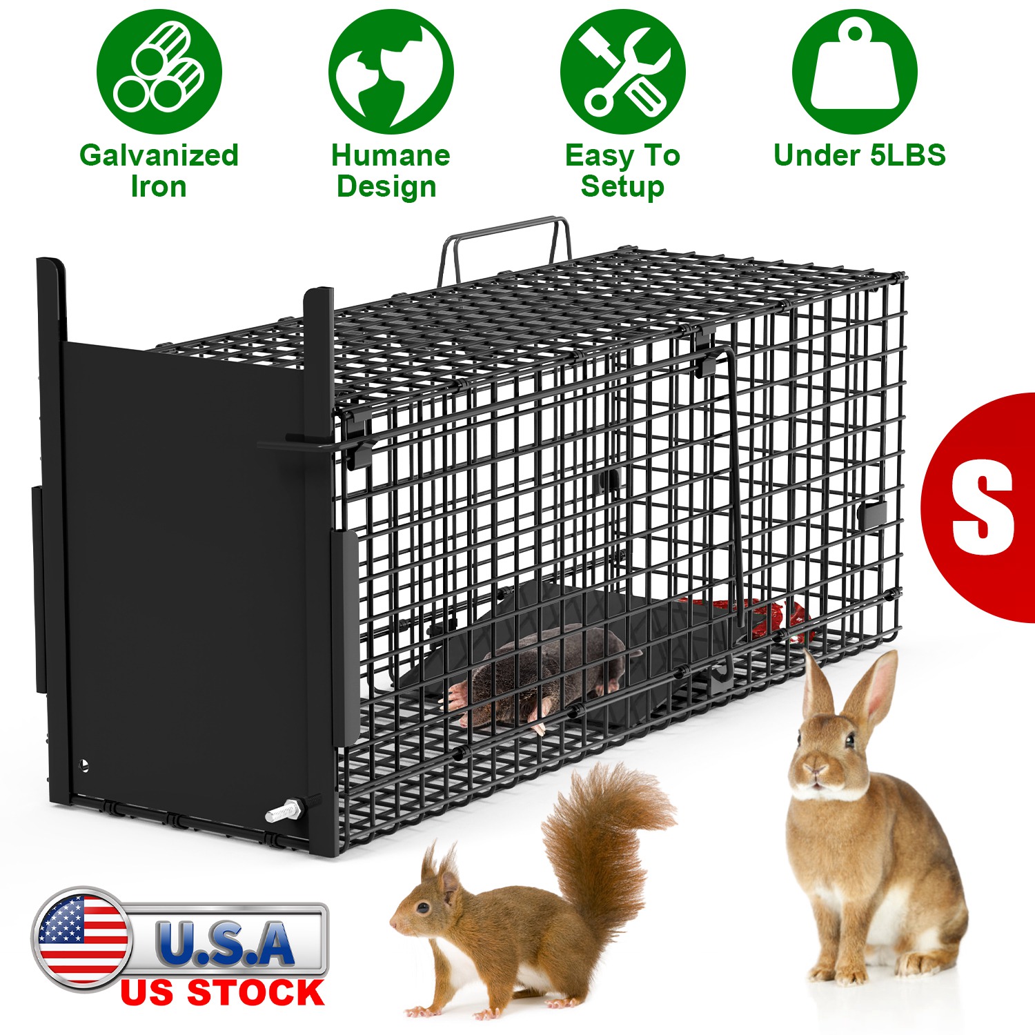 26in Single Door Live Animal Cage Trap For Animals Under 5LBS Easy To Setup Humane Galvanized Iron Trap Cage For Small Cats Rabbits Squirrels Moles Ch - Image 5