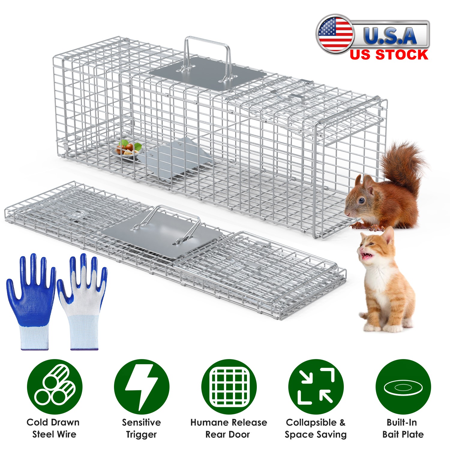 Live Animal Trap Cage 27x7.5x8in Folding Catch and Release Steel Humane Cat Trap for Racoons Stray Cats Rabbits Beavers Hedgehogs Chipmunk Small Anima - Image 5