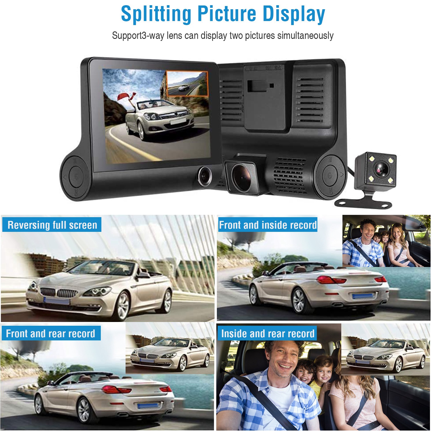 1296P Car DVR Dash Camera 4In 3 Lens Vehicle Driving Recorder Seamless Recording - Image 2