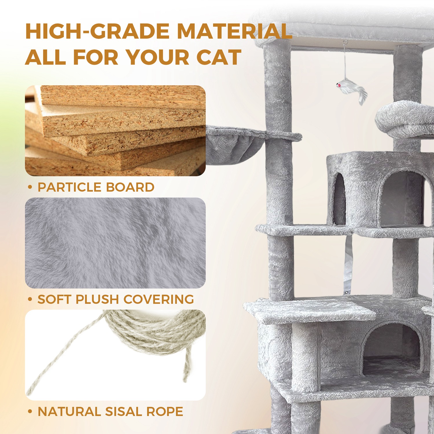 68in Multi-Level Cat Tree Tower with Hammocks, Cat Condo, Hanging Basket, Removable Cushions & Sisal Scratching Posts, Plush Cat Activity Center for I - Image 6