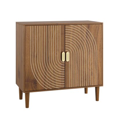 Line Groove Walnut Buffet Sideboard Cabinet, 2 Door Accent Storage Cabinet with Adjustable Shelf for Living Room Entryway Kitchen Office