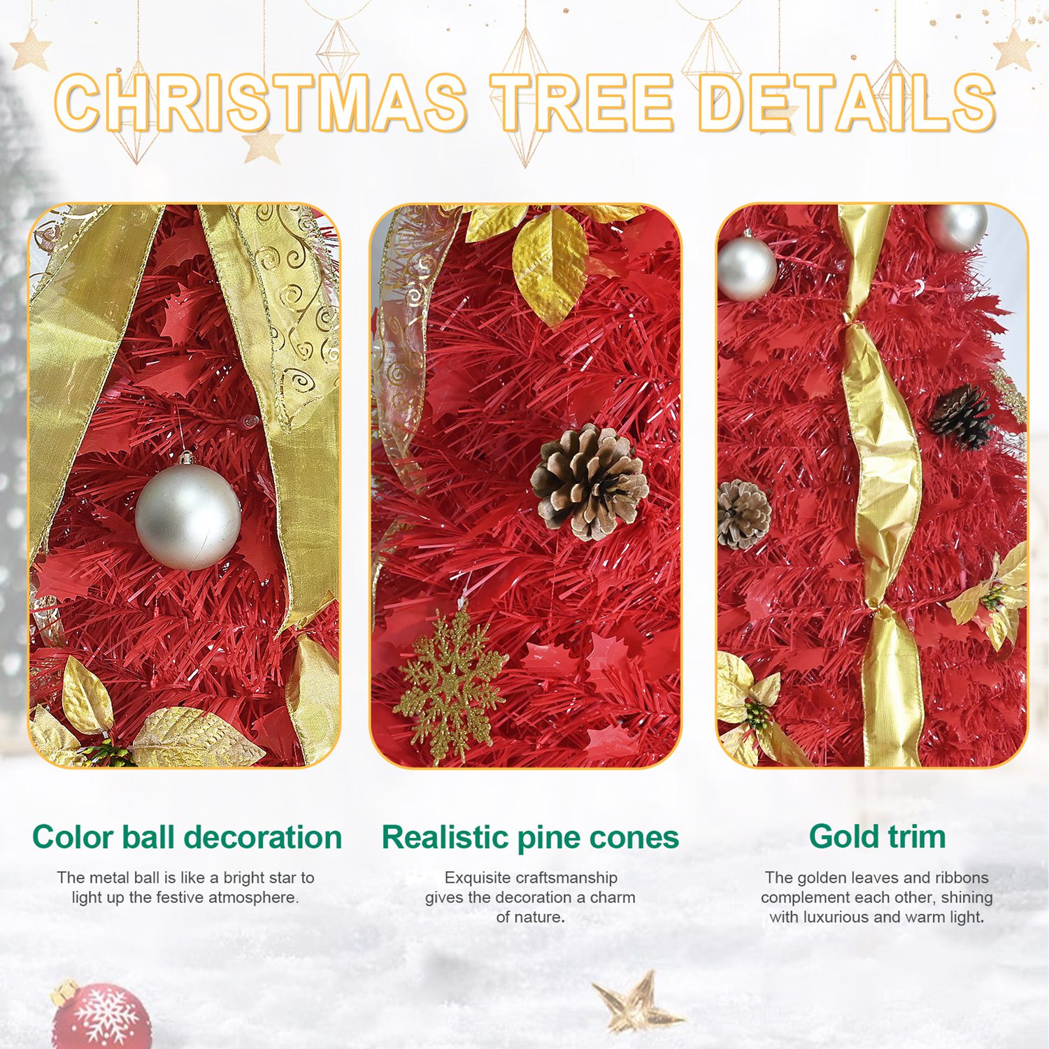 6FT Red Pre-Lit Pop-Up Christmas Tree with 150 Warm White LED Ribbons Bow Flowers Snowflakes Pine Cones Red Ornaments Collapsible Artificial Christmas - Image 3