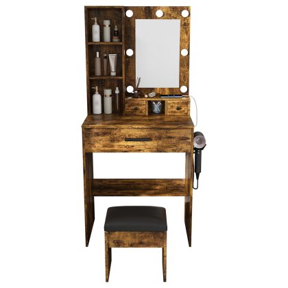 Vanity Desk Set with LED Lighted Mirror, Padded Stool, Power Outlet & Hair Dryer Holder, Compact Makeup Vanity for Small Bedroom