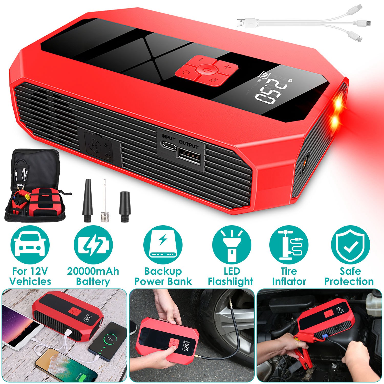 Portable Car Jump Starter Air Compressor 1500A 400PSI Car Battery Charger Jump Starter Power Bank LED Flashlight Digital Tire Inflator for 4.0L Gasoli - Image 4