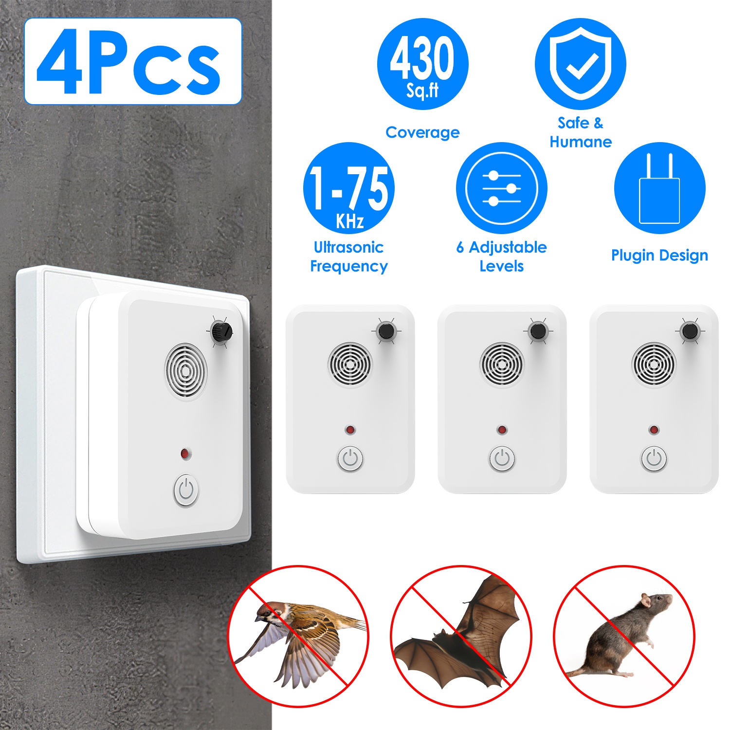 4Pack Plug In Ultrasonic Bat Repellent Indoor Bird Mouse Deterrent Device with 6 Adjustable Levels for Attic Garage Kitchen Warehouse - Image 3
