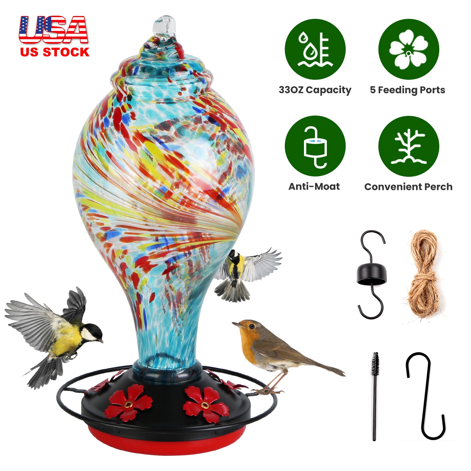 Glass Hummingbird Feeder 33OZ Hand Blown Hummingbird Feeder with 5 Flower Feeding Port Perch Ant Moat Hanging Hook S Hook Hemp Rope Cleaning Brush for - Image 2