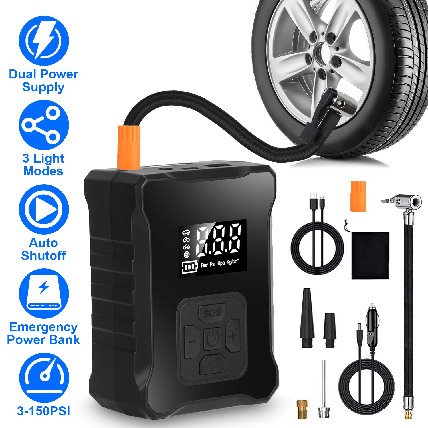 150PSI Cordless Tire Inflator with Car Charger Digital Air Compressor with LED Light Emergency Power Bank for Cars Motorcycles Bicycles Balls - Image 3