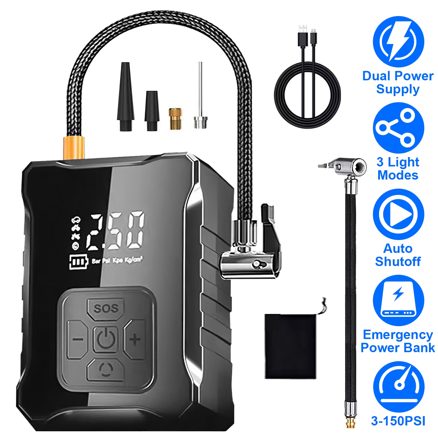 150PSI Cordless Tire Inflator Digital Air Compressor with LED Light Emergency Power Bank for Cars Motorcycles Bicycles Balls - Image 5