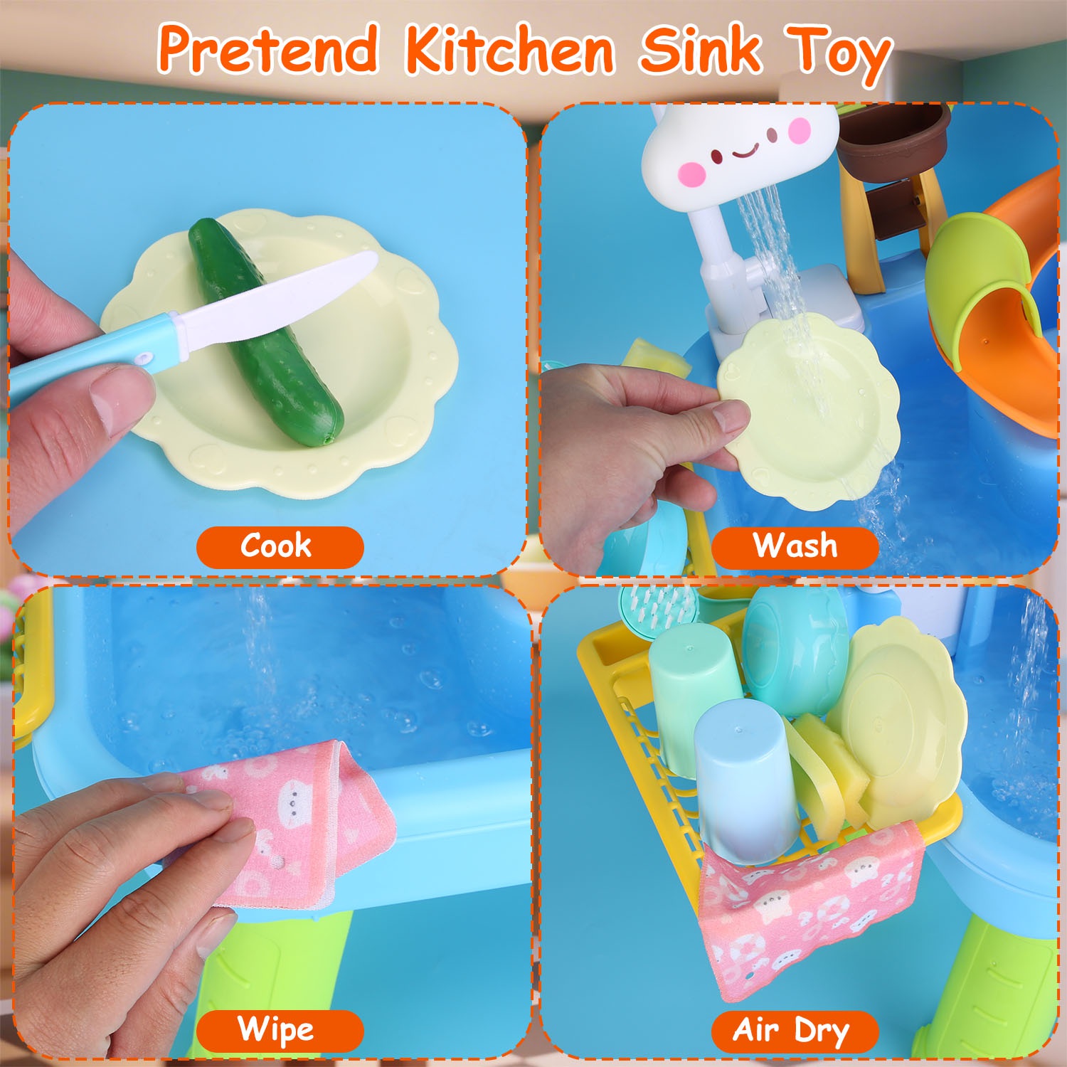 3 In 1 Kitchen Sink Toy with Electric Faucet Water Table Fishing Game Role Play Sink Set Indoor Outdoor for Kids Aged 3+ Years Old - Image 8