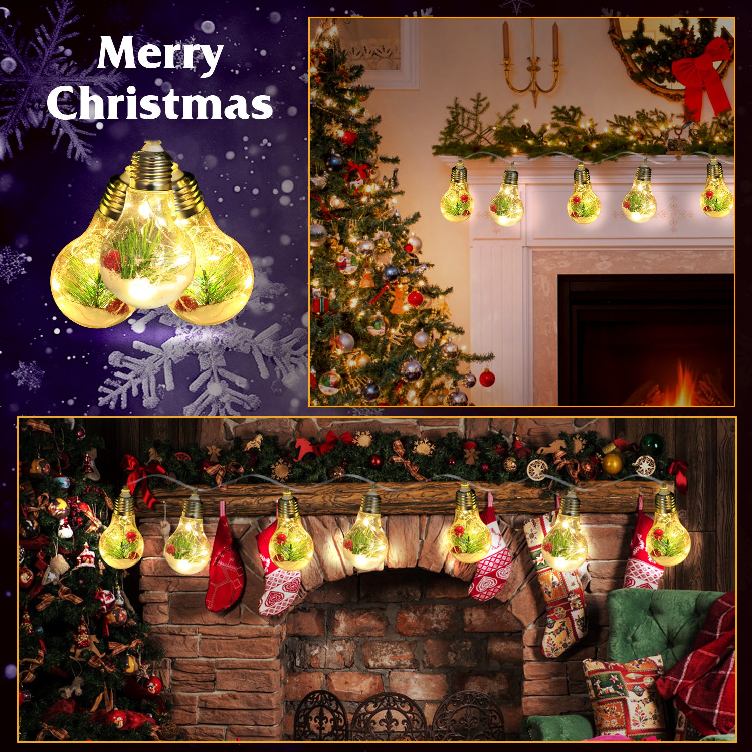 13.78FT Christmas Snow Globe String Light Battery Powered 10 LED Bulbs Indoor Christmas Lights with Pine Needles Snowflakes Berries - Image 8