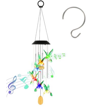 Solar Hummingbird Wind Chime with Aluminum Tubes 7 Color Changing Wind Chime for Outside IPX4 Waterproof Outdoor Garden Yard Decor