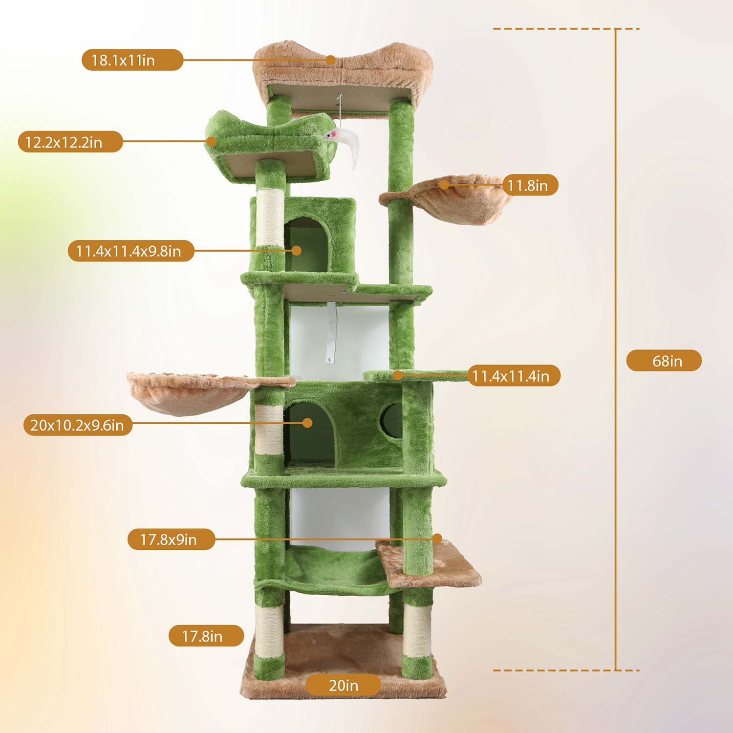 68in Multi-Level Cat Tree Tower with Hammocks, Cat Condo, Hanging Basket, Removable Cushions & Sisal Scratching Posts, Plush Cat Activity Center for I - Image 5