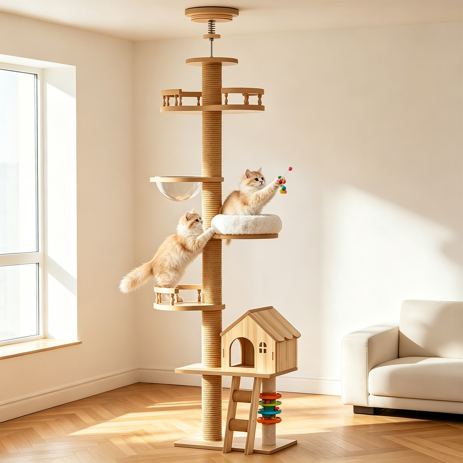 Floor to Ceiling Cat Tree, Adjustable Height Wooden Cat Tower with Cat Condo, Acrylic Hammock, Sisal Scratching Post & Cat Toy, Natural Floor-to-Ceili - Image 2